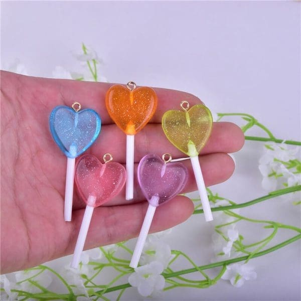 Glitter Heart Lollipop Resin Charms