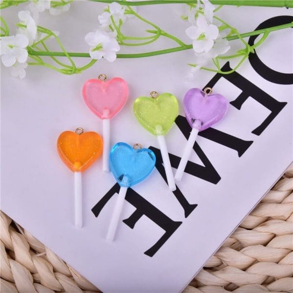 Glitter Heart Lollipop Resin Charms